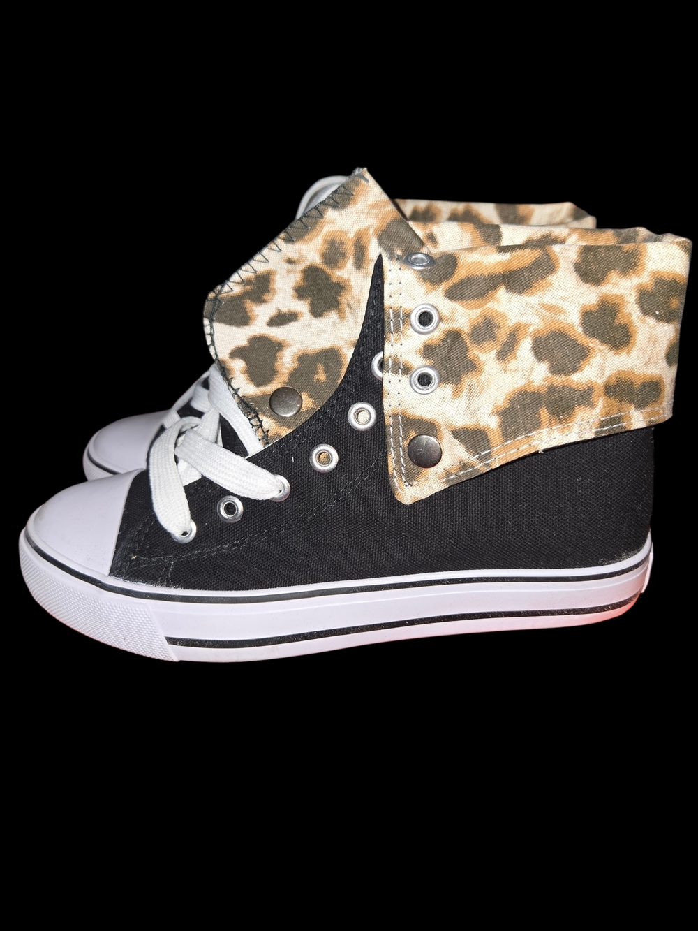 Women’s High-Top Canvas Sneakers with Leopard Fold-Over Cuff - Black